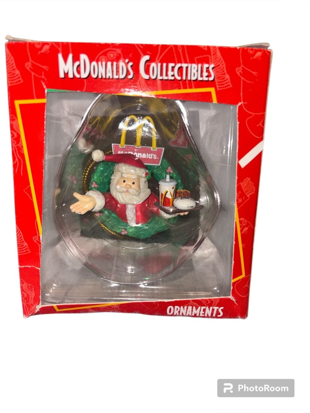 McDonald's Collectibles Ornaments, Santa in Wreath Holding Hamburger Meal 1996